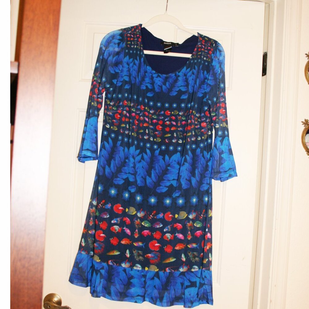 Womens 3/4 Sleeve Dress Desigual Blue Floral/Fish/Leave Pattern Sz XL